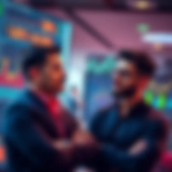 A person shares thoughts on achieving 10% daily returns in investments while another looks skeptical, surrounded by financial charts and graphs.