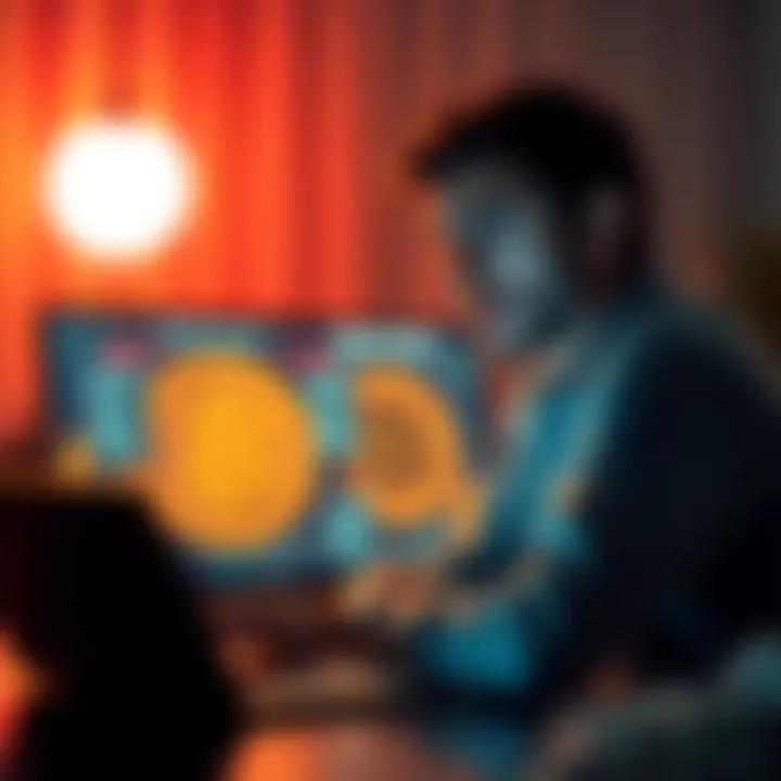 Friend in distress over Bitcoin scam A worried person sitting in front of a laptop with Bitcoin symbols on the screen, expressing concern about a potential scam involving money transfers.