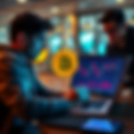 A person looking at Bitcoin price charts on a laptop while discussing with a friend