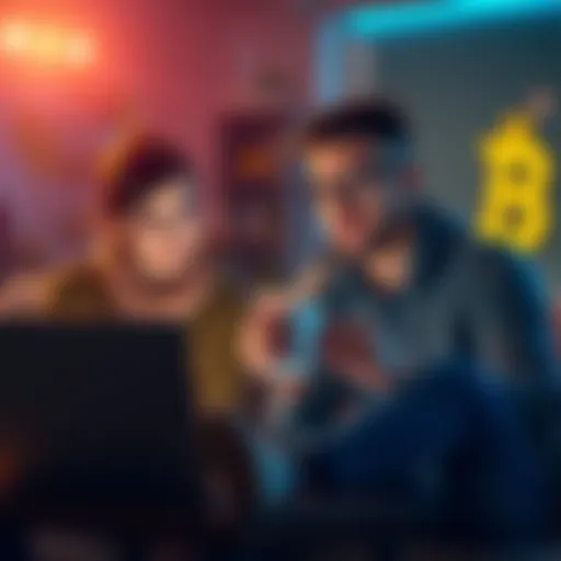 Two friends discussing Bitcoin with a laptop and coffee, showcasing their connection and excitement for digital currency