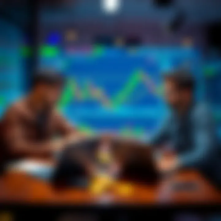 Two friends discussing Bitcoin trading strategies at a table with laptops and charts