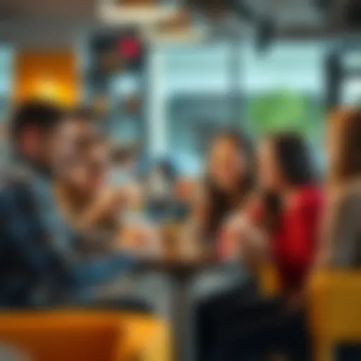 A group of friends enjoying a lively conversation at a café, with coffee cups in hand and smiles on their faces, highlighting the joy of engaging discussions