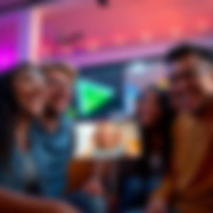 A group of friends enjoying a funny video, laughing and smiling together