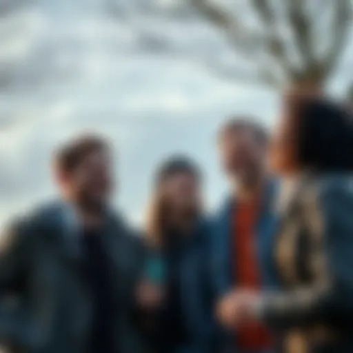 A group of friends sharing a laugh together, enjoying a moment of joy outdoors.