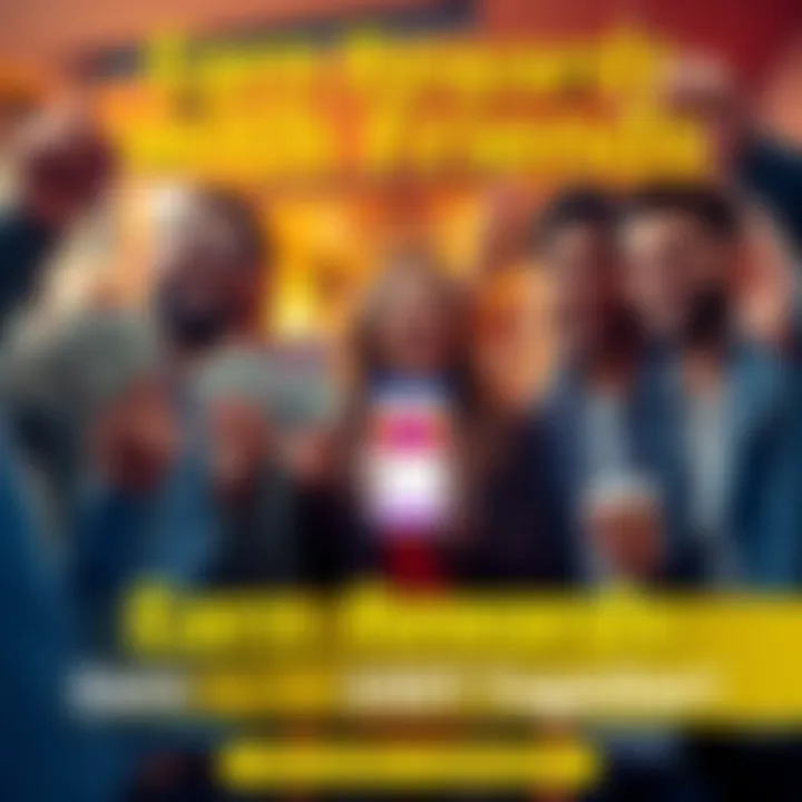 Group of friends celebrating while holding cash and a mobile phone showing rewards app