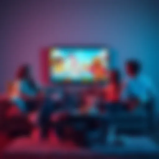 A lively group of friends sitting on a couch, laughing while watching Skibidi Toilet reaction videos on a big screen TV, with snacks scattered around.