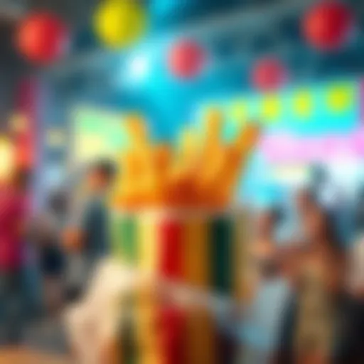 A close-up of crispy fries being served in a colorful bag, with a bright background showing people enjoying their snacks.