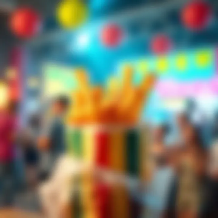 A close-up of crispy fries being served in a colorful bag, with a bright background showing people enjoying their snacks.