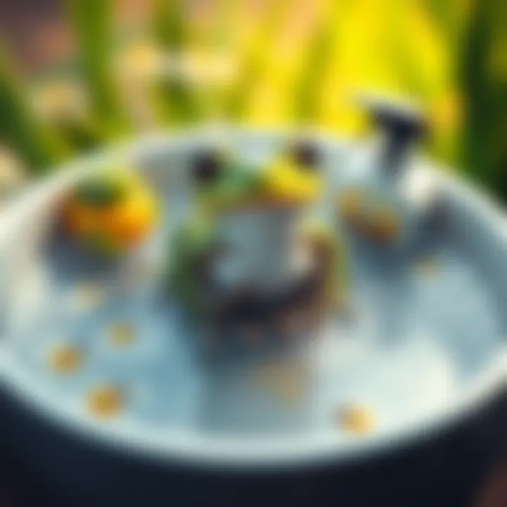 A green frog sitting in a sparkling clean water bowl surrounded by eco-friendly soap options