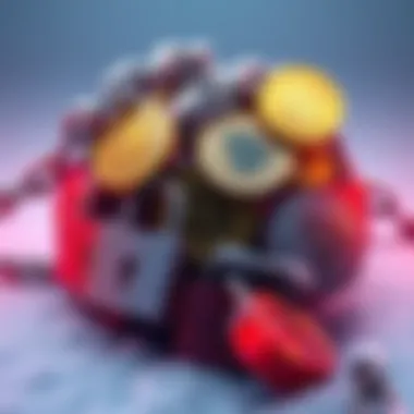 Visual representation of various cryptocurrencies with chains and locks, symbolizing the freezing of assets on blockchains.