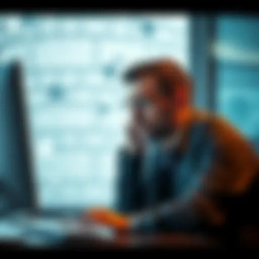 A stressed business owner looking at a computer with a frozen bank account screen, symbolizing financial difficulties.