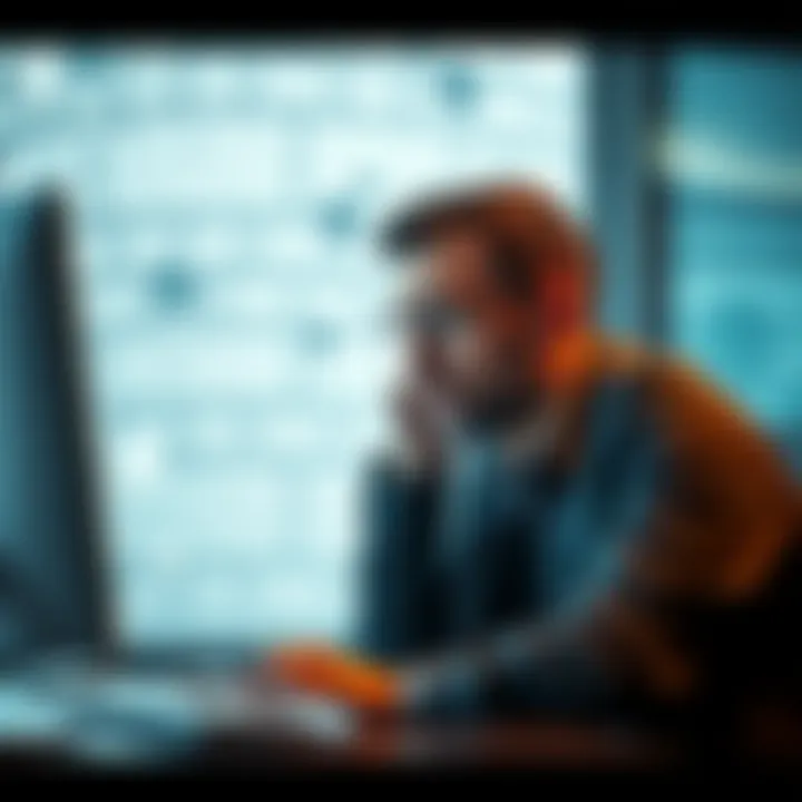 A stressed business owner looking at a computer with a frozen bank account screen, symbolizing financial difficulties.