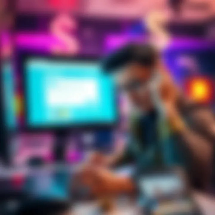 A frustrated business owner looking at a computer screen showing a closed account notification, with dollar signs faded in the background