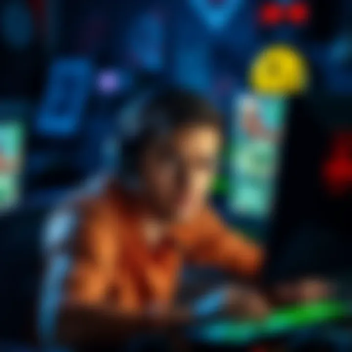A gamer looks frustrated while staring at a computer screen showing a quest that cannot be completed, surrounded by gaming gear