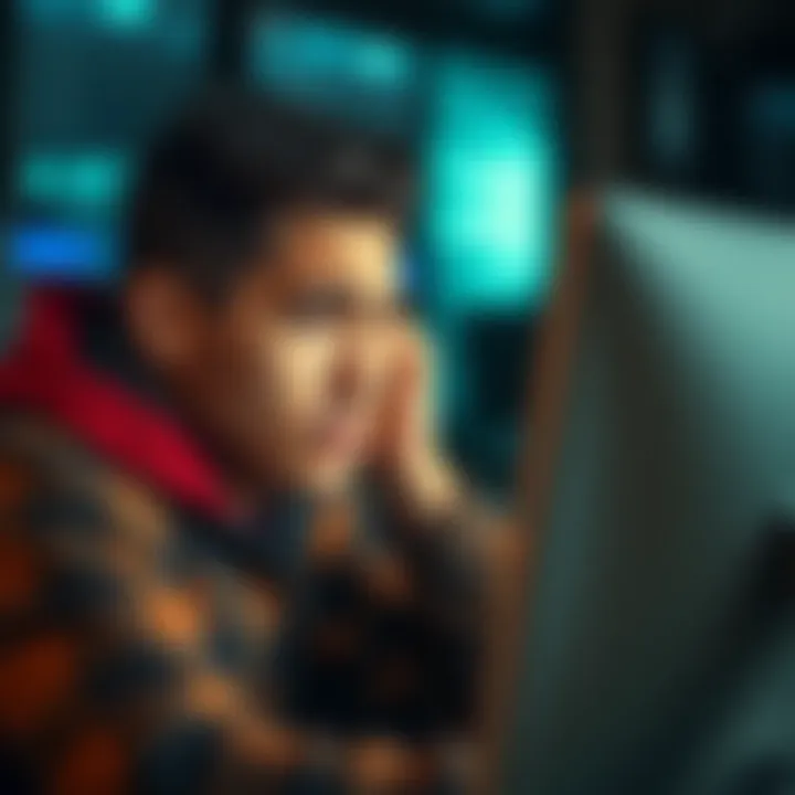 A person looking frustrated while sitting in front of a computer, facing account issues with funding and withdrawal holds. They appear anxious, waiting for a resolution.