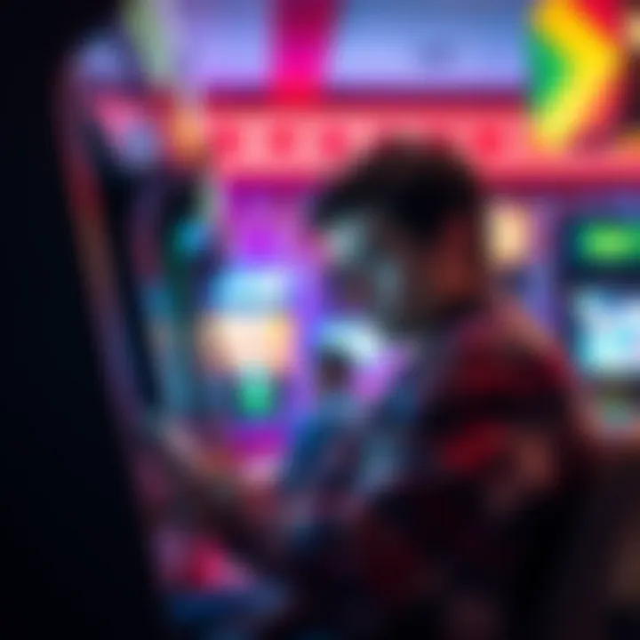 A player sitting at an arcade machine looking upset, holding a phone in one hand while scrolling through support messages, with a colorful arcade setting in the background.