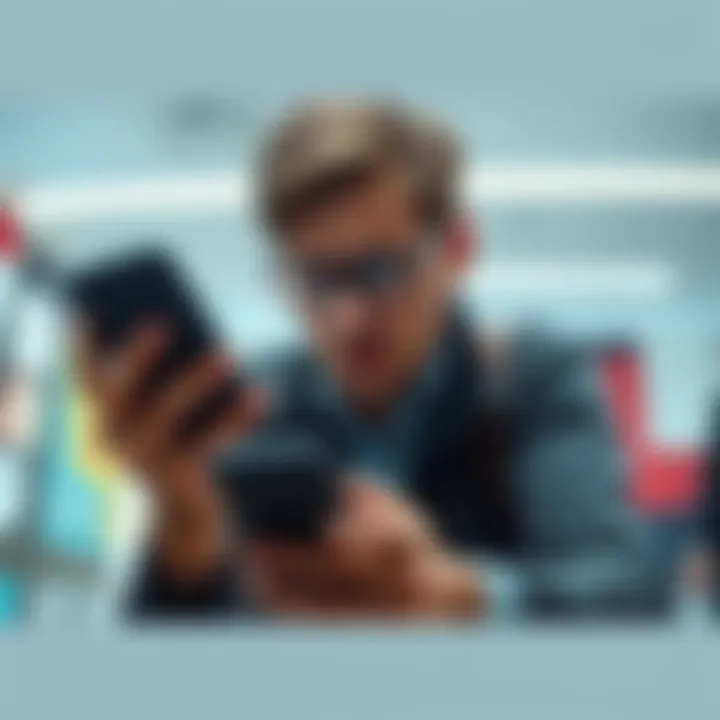 A frustrated customer looking at their phone with a confused expression, representing issues with account closure at a bank.