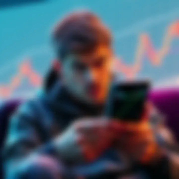 Frustrated Bitcoin Enthusiast A person looking upset while checking Bitcoin prices on a smartphone, with a graph showing a price surge in the background