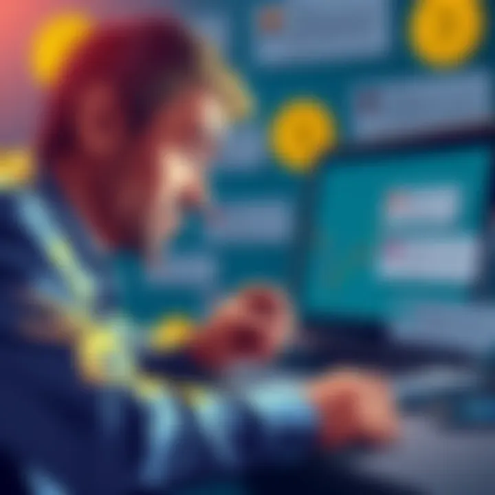 A person with a worried expression looking at a laptop screen showing declining Bitcoin prices, surrounded by negative comments on forums