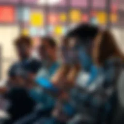 Group of frustrated people looking at their phones, discussing a deposit scam with a background of office graphics showing communication and money signs