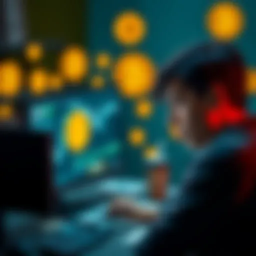 A person looking upset in front of a computer with Bitcoin symbols on the screen, expressing dissatisfaction with forum moderation.