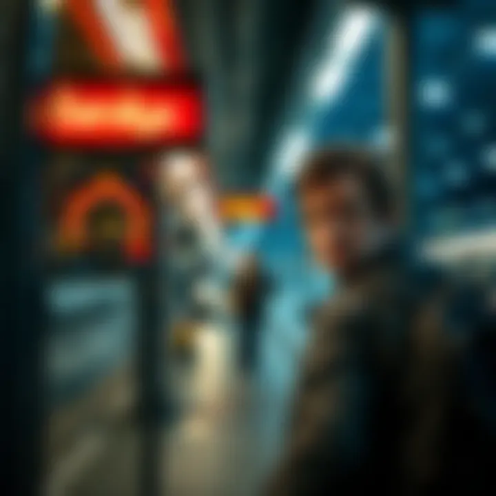 A commuter looking annoyed while waiting for a bus at a bus stop with a schedule board showing delays