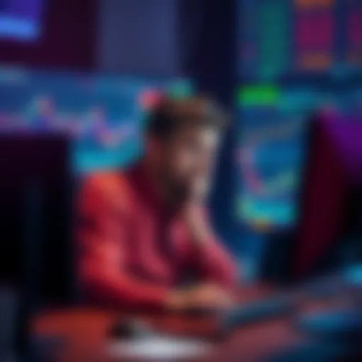 A person sitting in front of a computer, looking frustrated while analyzing cryptocurrency price charts and market trends.