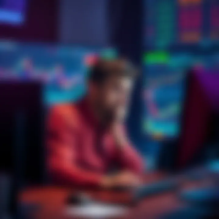 Frustrated crypto trader looking at graphs A person sitting in front of a computer, looking frustrated while analyzing cryptocurrency price charts and market trends.