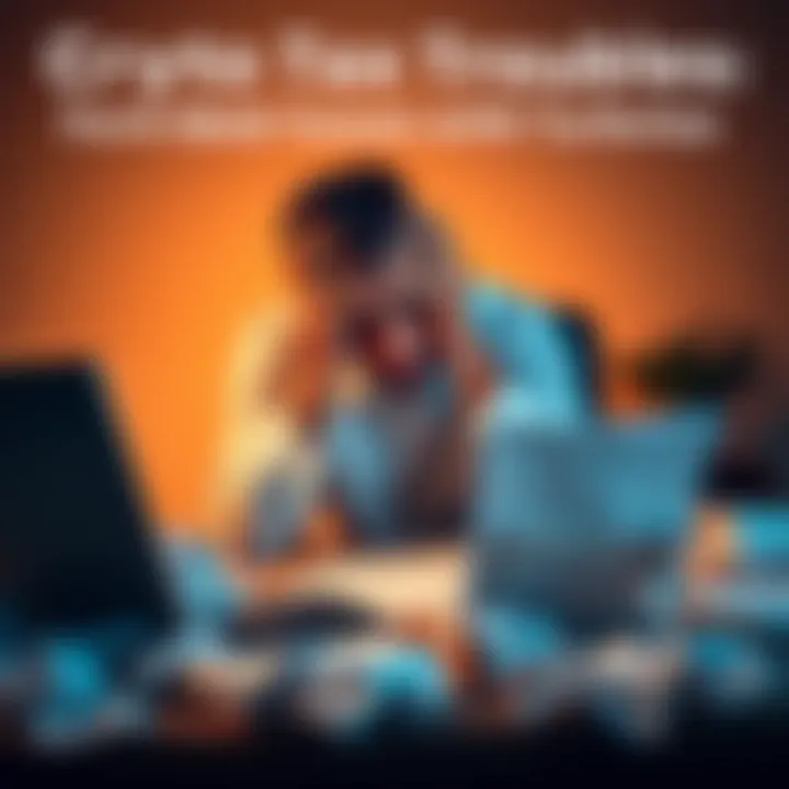 A stressed person sitting at a desk with a laptop, looking at tax forms and holding their head in frustration, surrounded by crumpled papers and a calculator.