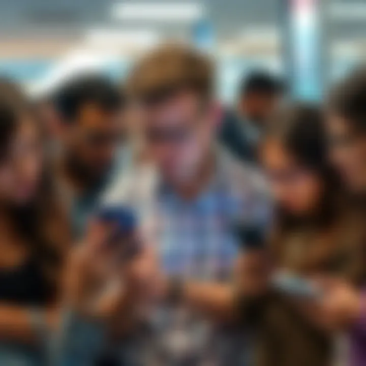 A group of concerned people looking at their phones and discussing issues with Curve card suspensions, showing frustration and confusion.