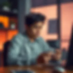 A 21-year-old person sitting at a desk, looking upset while checking a financial app on their phone, symbolizing frustration with account closure.