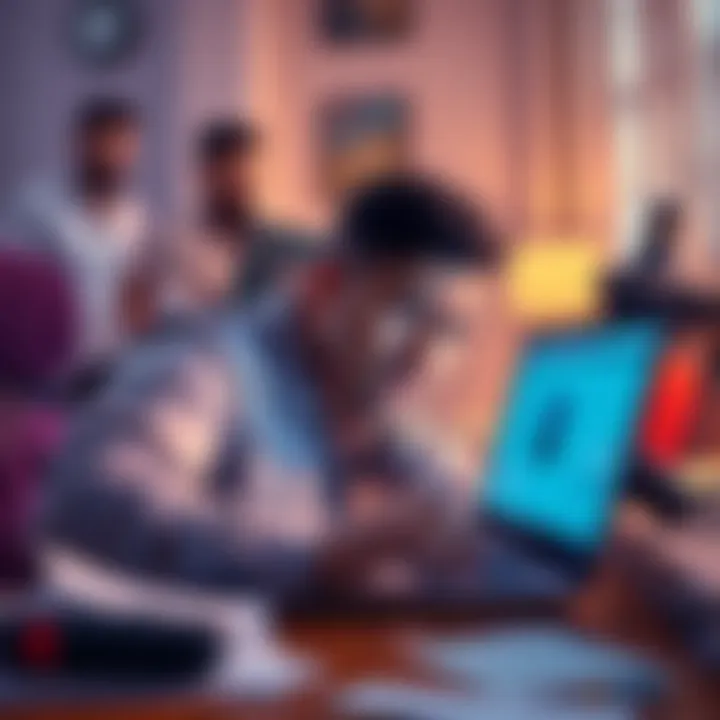 A person showing frustration while trying to access their Bitstamp account on a laptop, with documents scattered on the desk