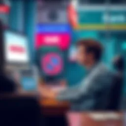 A frustrated person sitting at a bank desk, looking at a computer screen with blocked transaction notifications, showing concern over large money transfers,