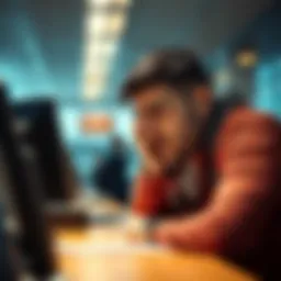 A frustrated individual speaking with a bank representative about a Bitcoin deposit, showing signs of stress and discomfort.