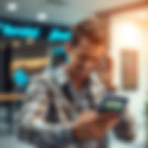 A person shows frustration while using a banking app on their phone, indicating issues with money transfers. The background features a blurred bank office setting.