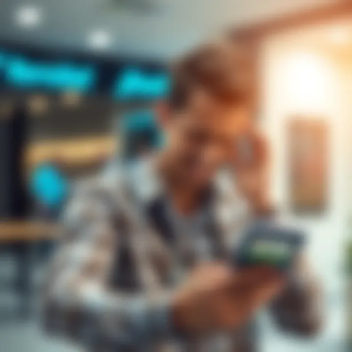 A person shows frustration while using a banking app on their phone, indicating issues with money transfers. The background features a blurred bank office setting.