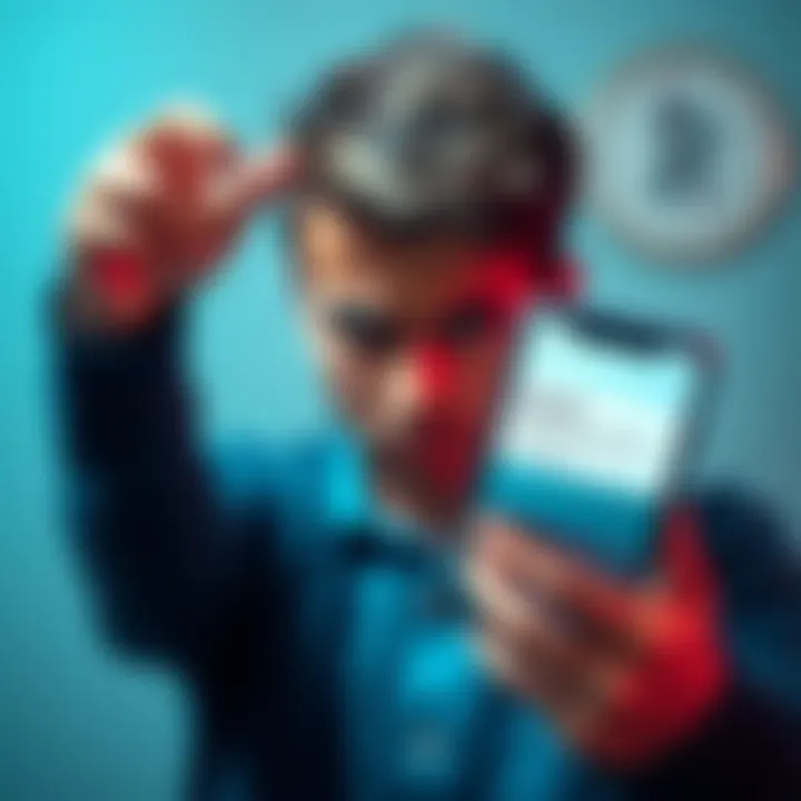 A person looking worried while holding a phone, showing a message about account review, expressing frustration