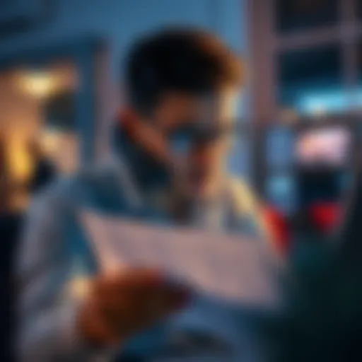 A frustrated customer looking at paperwork while on a phone call, showing signs of stress over account issues with a bank.