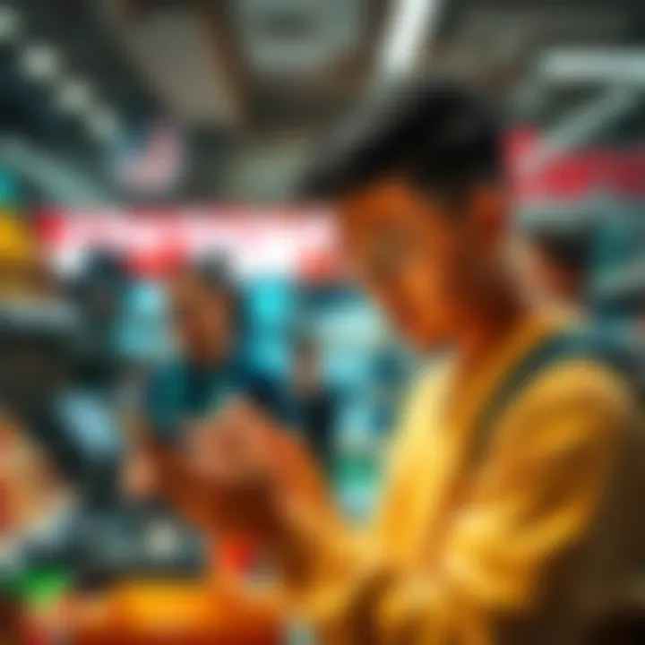 A frustrated person looking at their phone in a store while attempting to complete a purchase