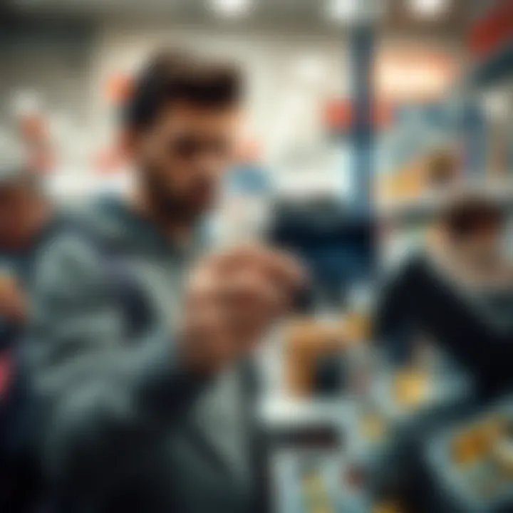 A person looking upset while holding a declined credit card at a store checkout