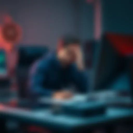 A frustrated Gemini customer sitting at a desk, looking at a computer screen with concern, reflecting worry over account security issues and retirement savings.