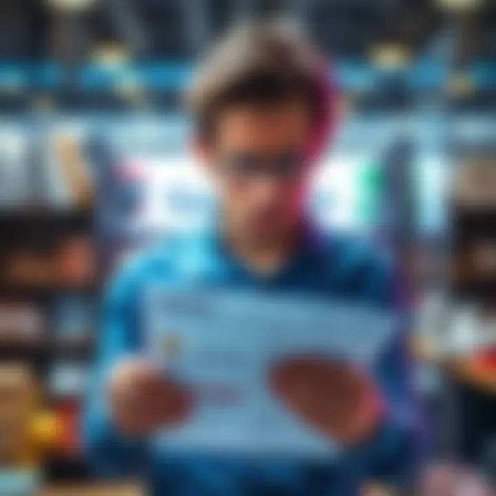 A frustrated customer holding a canceled credit card and looking upset while checking paperwork