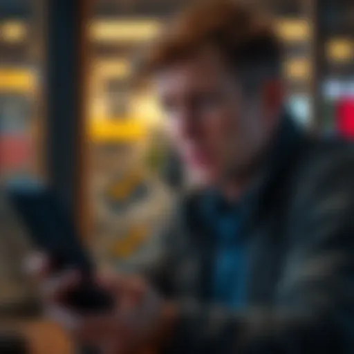 A tired and frustrated customer holding a phone, looking at a long wait time on the screen, with a worried expression