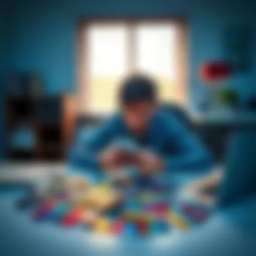A frustrated person sitting at a desk with multiple credit cards spread out, looking at their phone with a puzzled expression, symbolizing issues with topping up a finance app.