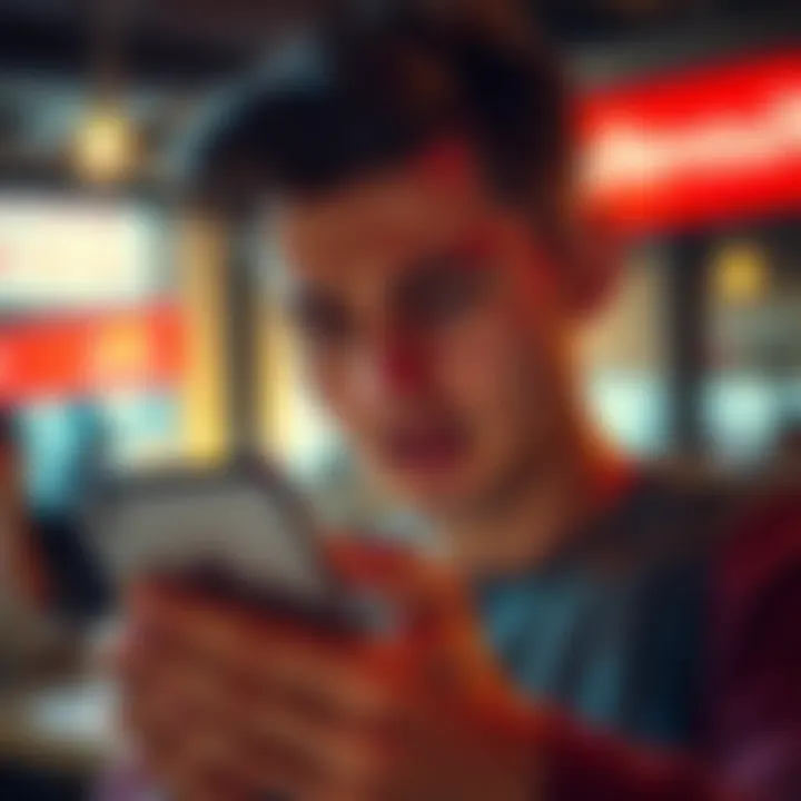 A frustrated person looking at their phone with the Revolut app closed, showing signs of confusion and disappointment