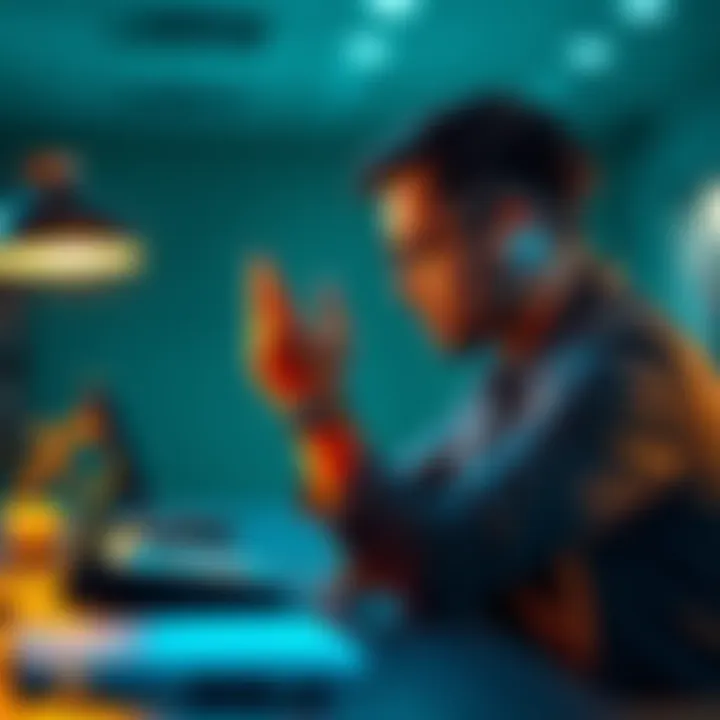 A frustrated person sitting at a desk, staring at a phone that displays an automated message, showing signs of disappointment