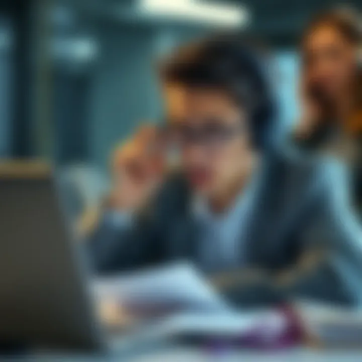 Frustrated customer on a support call A stressed person on the phone with customer support, looking confused and upset, surrounded by notes and a laptop