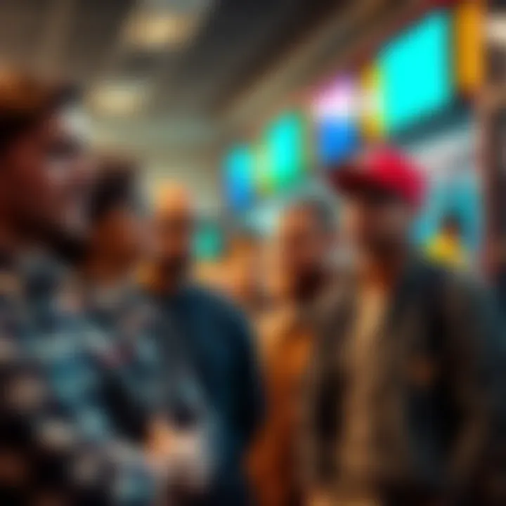 A group of frustrated customers standing in line at a local company, showing expressions of disappointment and impatience.