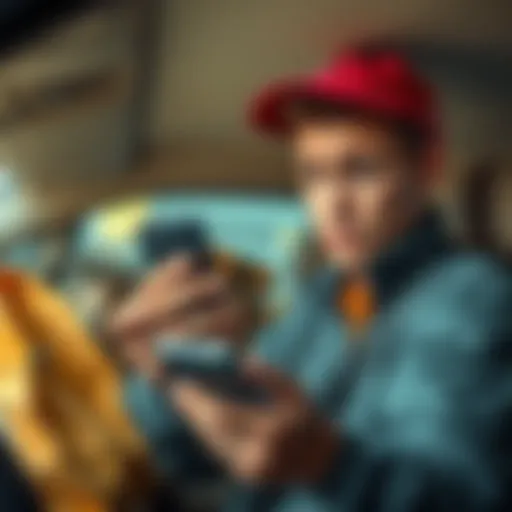 A delivery driver looking at a smartphone with a confused expression, showing frustration over a chat feature that isn't working well, surrounded by delivery bags in a vehicle interior.