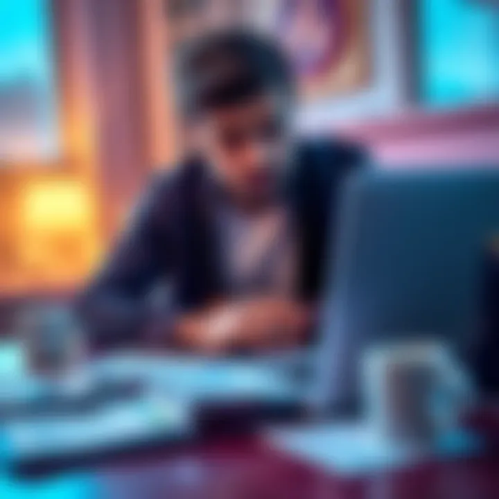 A freelancer looking stressed while trying to access their Revolut Pro Account on a laptop, with papers and a coffee cup nearby.